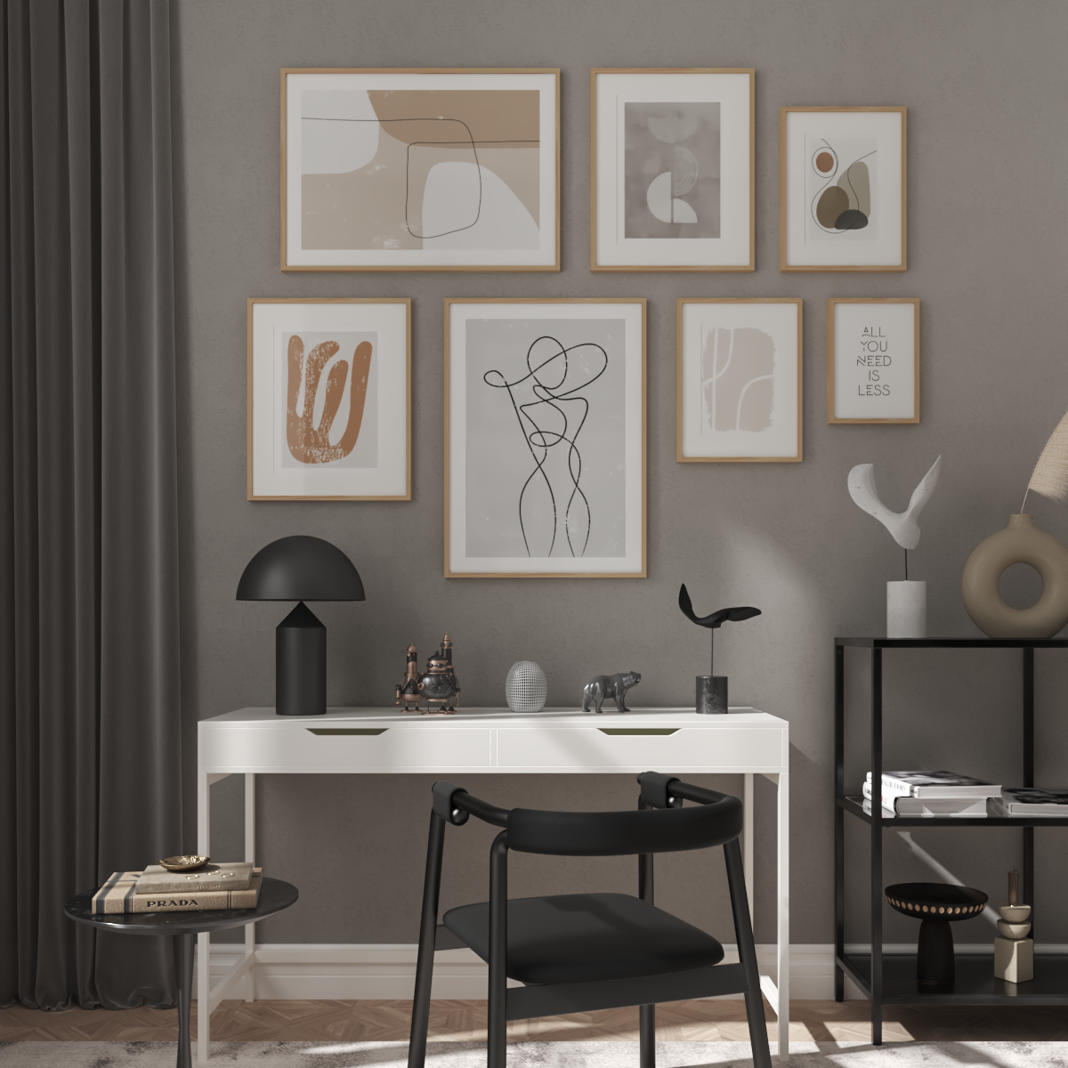Modern Minimalist Home Office Ideas Abstract Wall Art Print Boy Room Black and White Decor