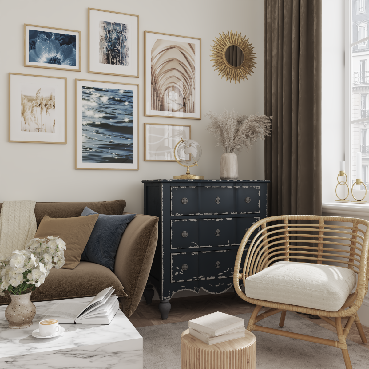Modern Beige Deep Blue Wall Art Ideas Apartment Living Room Decor Landscape Photography Print