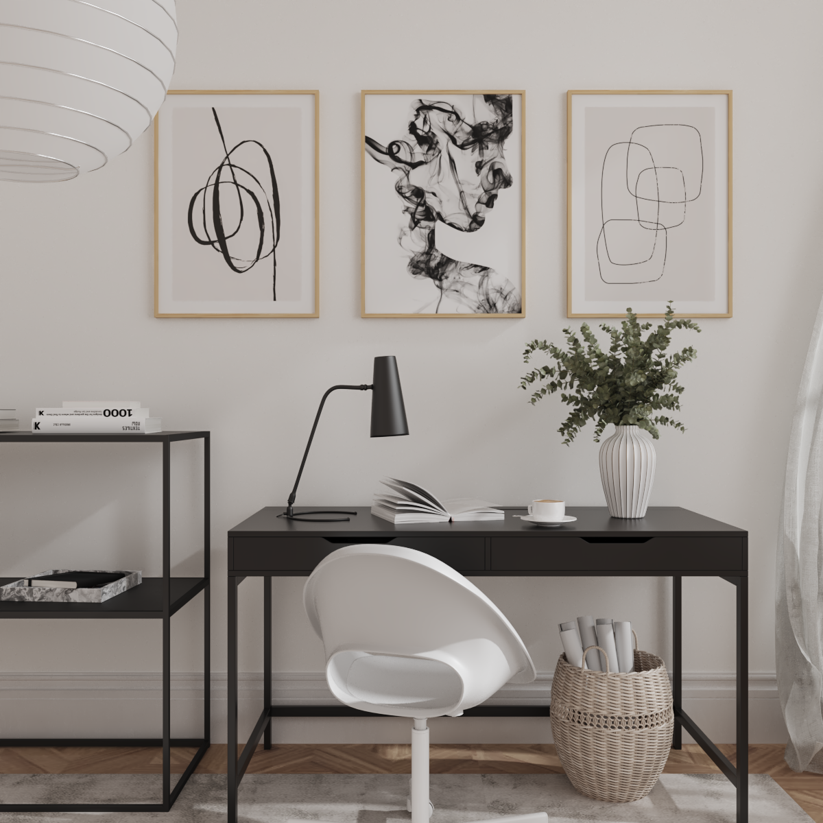 Minimalist Home Office Decor Black and White Modern Poster Abstract Line Art Remodel