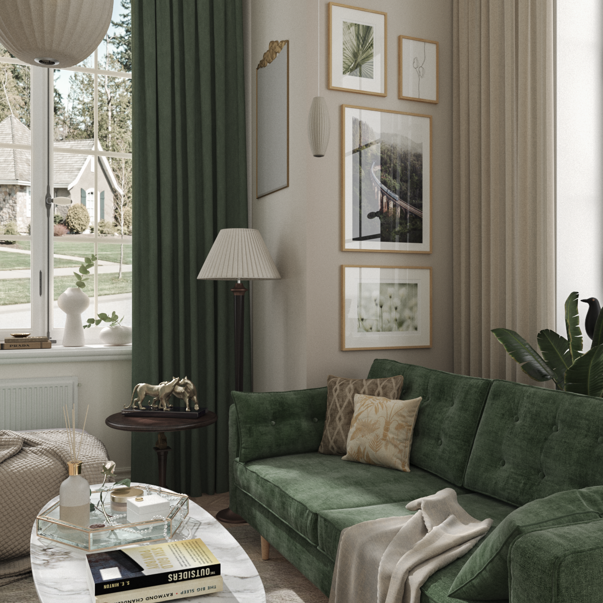 Picture Wall Modern Living Room Decoration Ideas Green Landscape Poster Line Art Print