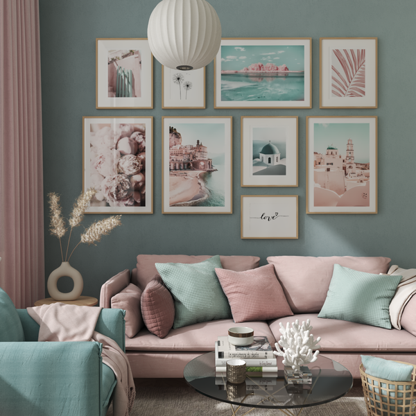 Modern Pink Teal Blue Living Room Wall Art Nature Architecture Print Girl Room Ideas