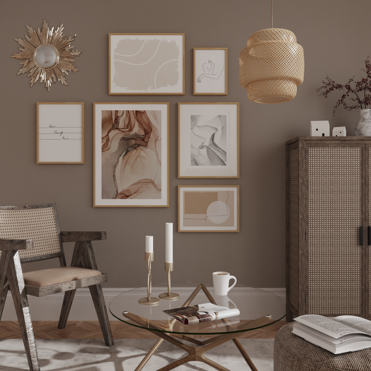 Gallery Modern Bohemian Living Room Inspiration Abstract Line Art Poster Brown Wall Ideas