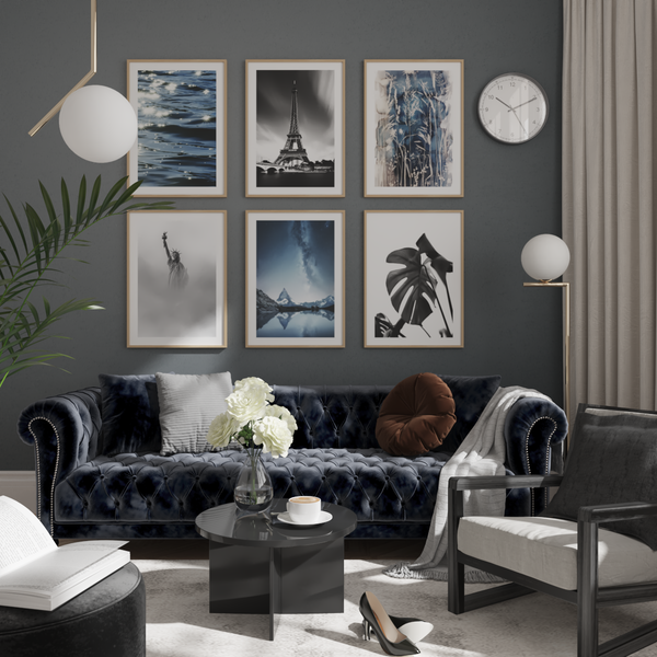 Black Ocean Blue Living Room Coastal Decor Modern Wall Art Picture Minimal Abstract Art