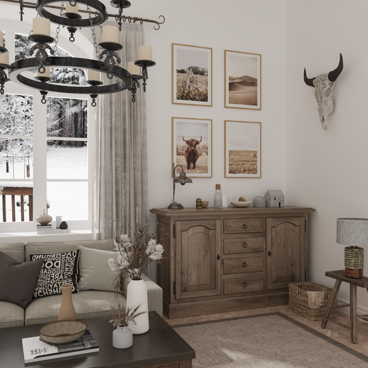 Modern Farmhouse Rural Living Room Decor Highland Cow Art Poster Brown Nature Photo
