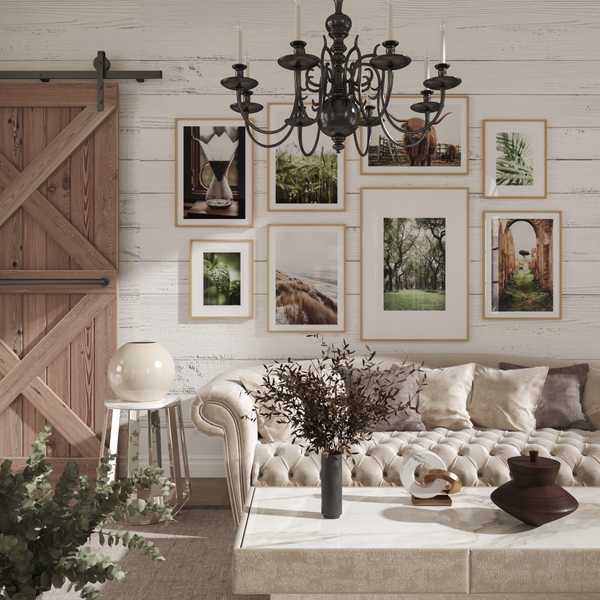 Modern Farmhouse Living Room Design Foyer Highland Cow Print Wall Decor Landscape Picture