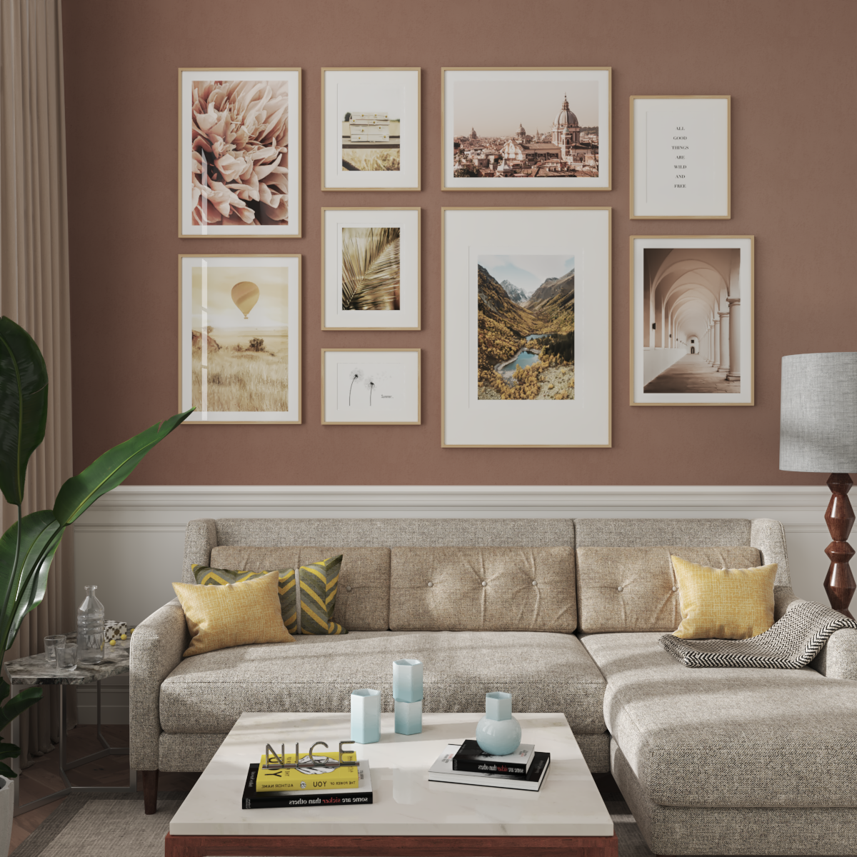 Picture Wall Modern Living Room Decor Ideas Flower Print City Architecture Poster Brown Aesthetic