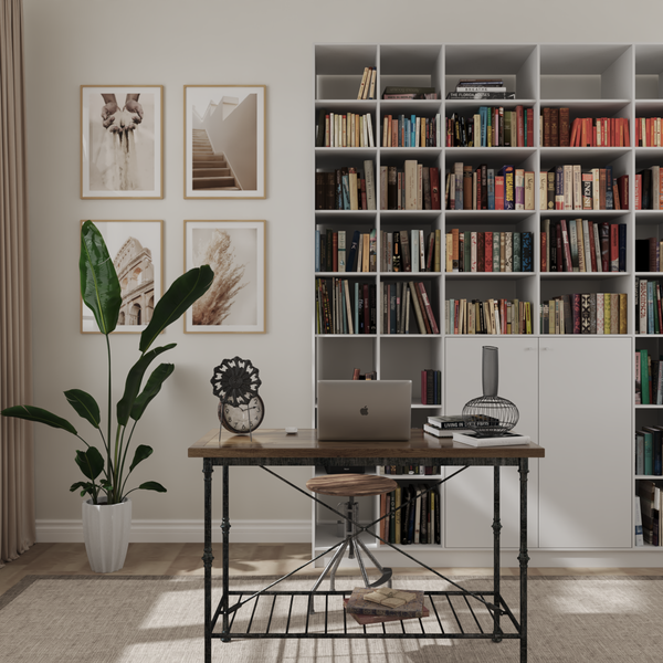 Modern Home Office Accent Wall Ideas Corner Bookshelf Decor Ideas Beige Architecture Print