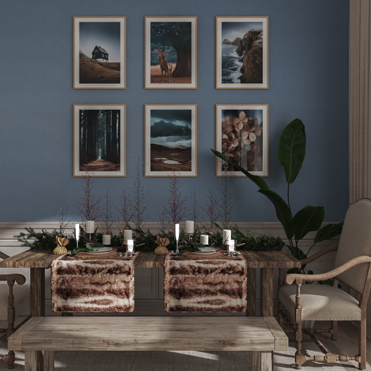 Kitchen Dining Room Accent Wall Ideas Farmhouse Decor Dusty Blue Brown Nature Mountain Picture