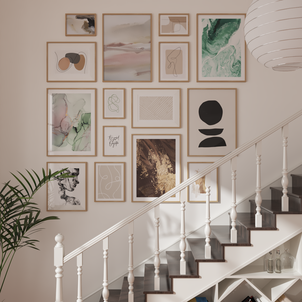 Modern Mid Century Staircase Gallery Wall Decor Abstract Line Art White Aesthetic Attic Ideas