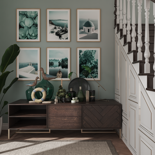 Mid Century Modern Staircase Wall Corner Decoration Ideas Green landscape Picture Botanical Print