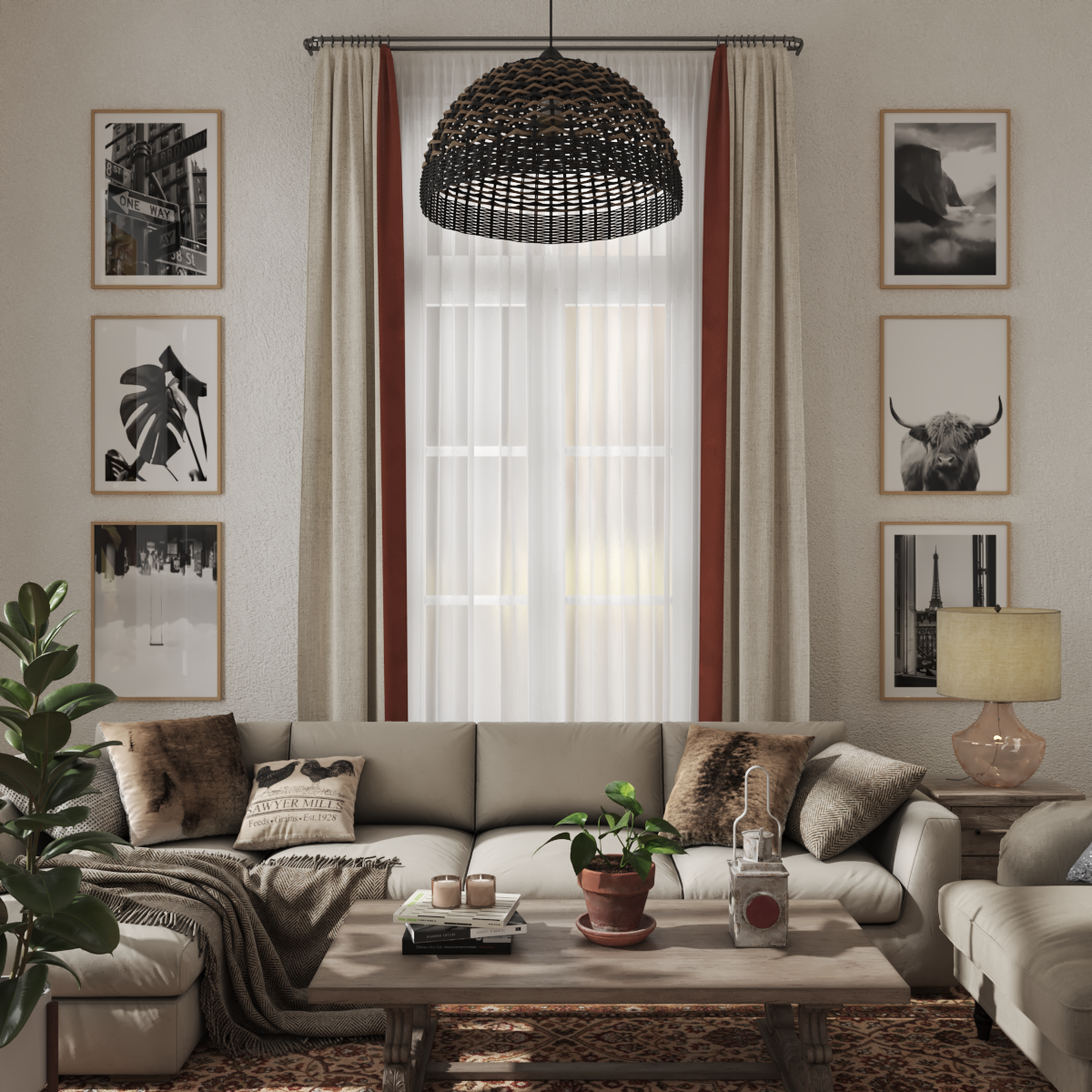 Vintage Country Farmhouse Living Room Wall Decor Black and White Art City Poster Plant Print