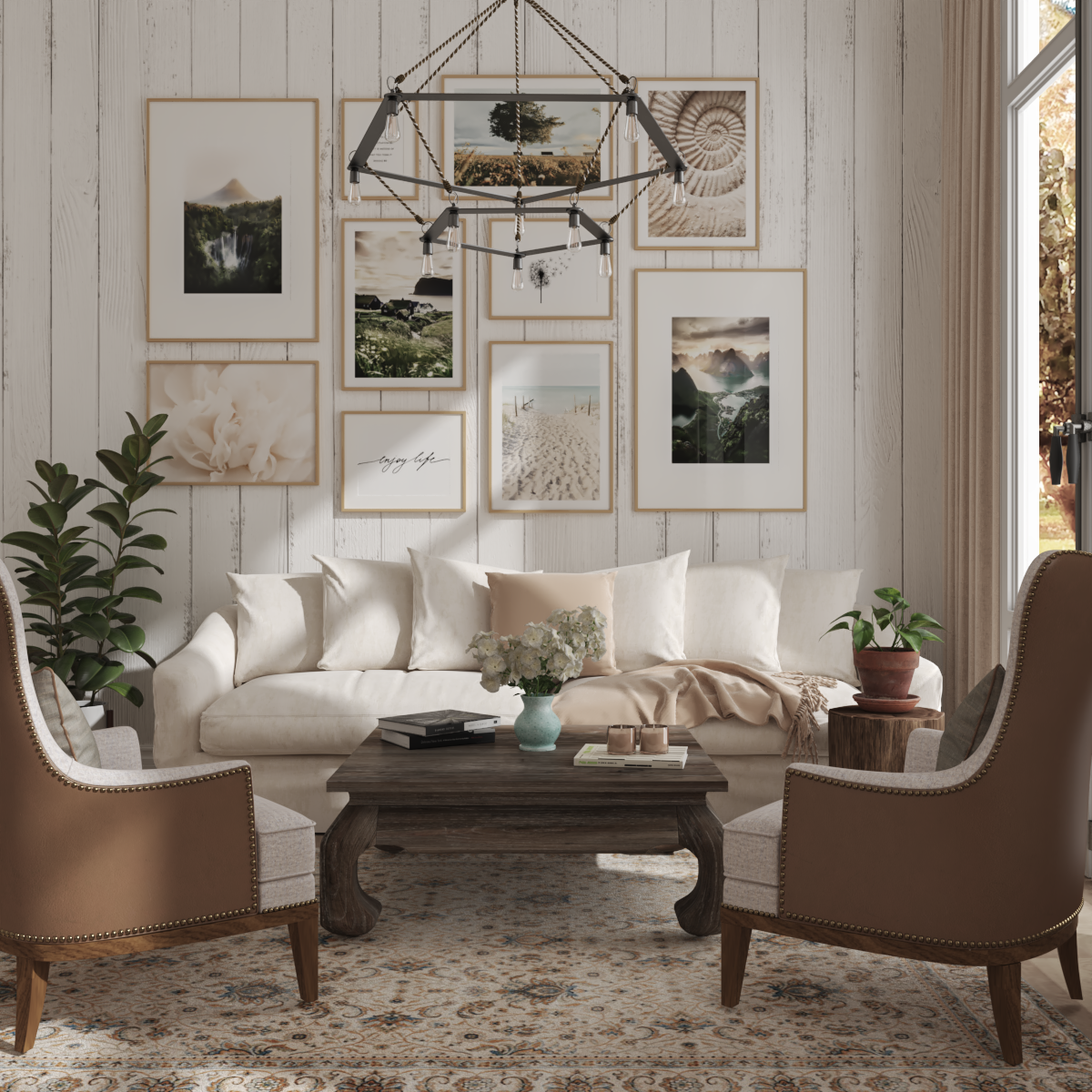 Living Room Gallery Wall Decor Farmhouse Home Ideas Mountain Print Beige Aesthetic