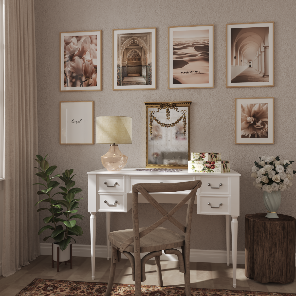Vintage Vanity Room Wall Frame Print Girl Dressing Bedroom Decor Ideas Flower Print