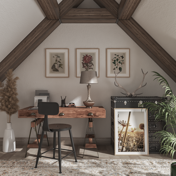 Farmhouse Home Office Remodel Ideas Vintage Botanical Poster Wall Decor Small Space Design
