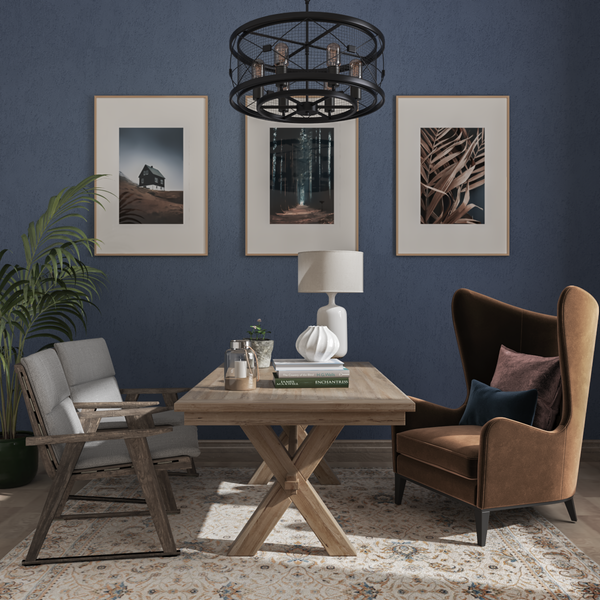 Modern Small Sitting Room Decorating Ideas Deep Blue Wall Print Decor Mountain Poster