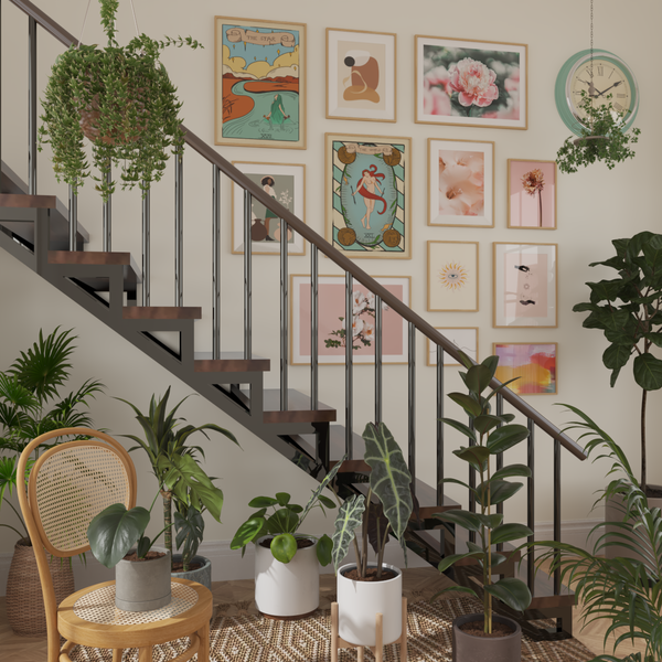 Mid Century Modern Staircase Gallery Wall Decoration Ideas Flower Print Large Poster