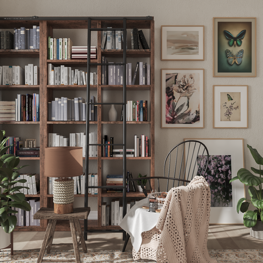 Farmhouse Home Office Ideas Corner Bookshelf Wall Decor Flower Print Butterfly Poster