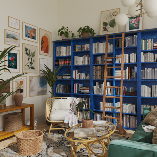 Modern Boho Study Room Photo Wall Art Ideas Bookshelf Decor Abstract Painting Poster