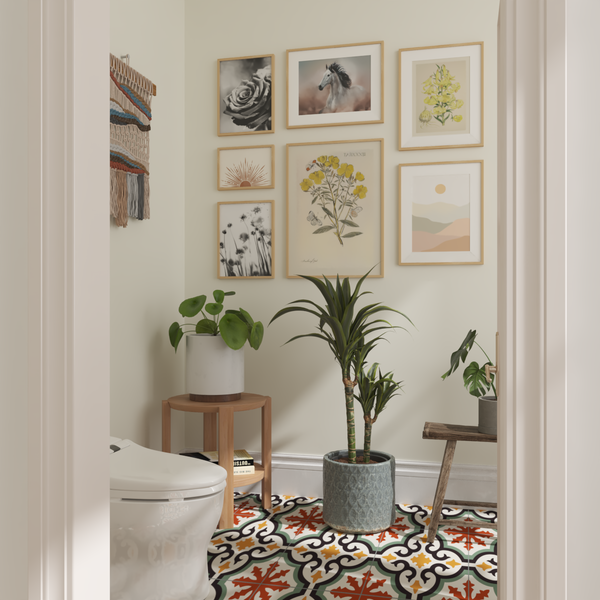 Bohemian Gallery Wall Beige Small Bathroom Remodel Ideas Vintage Flower Print Decor