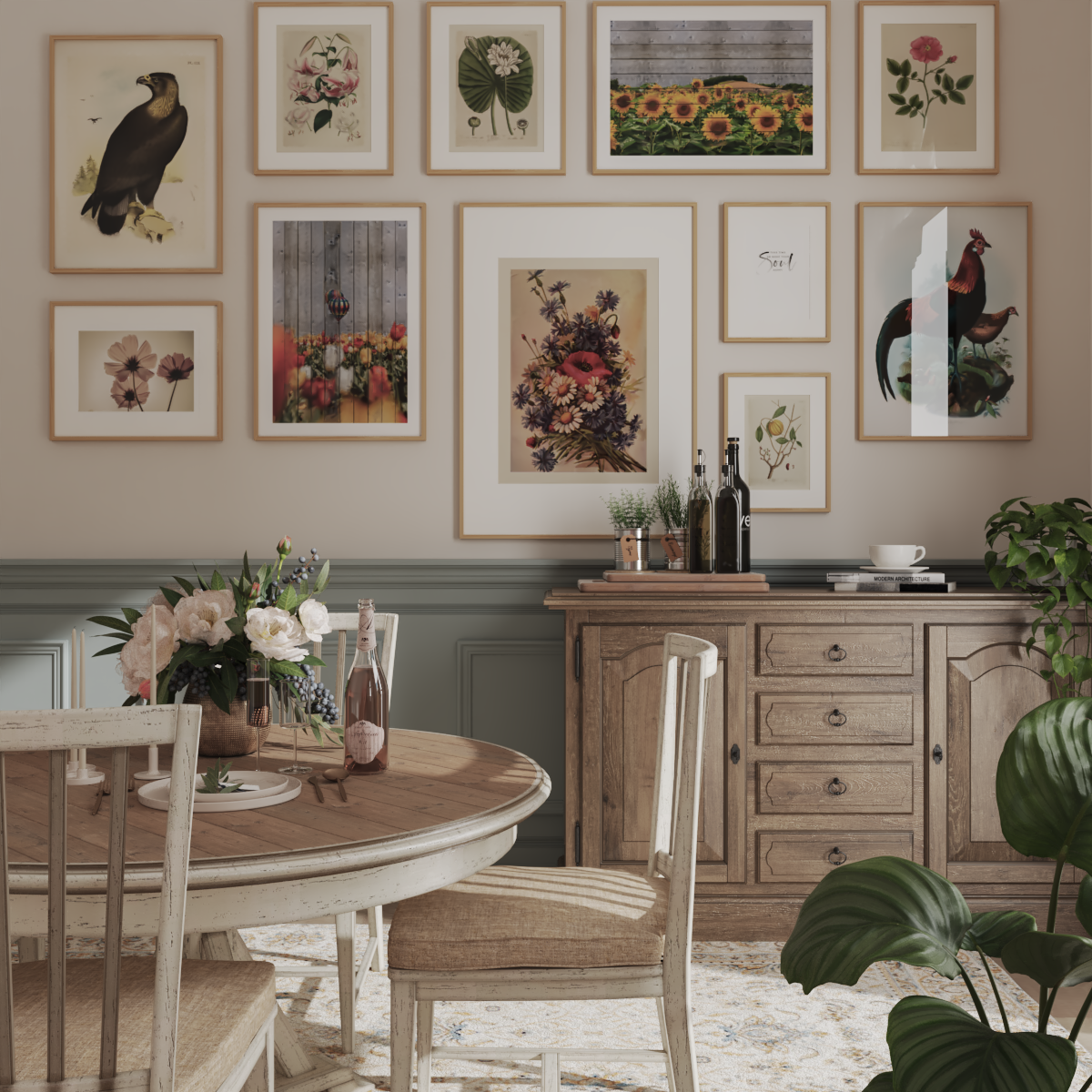 Farmhouse Dining Room Wall Art Ideas Hallway Decor Beige Brown Animal Botanical Print