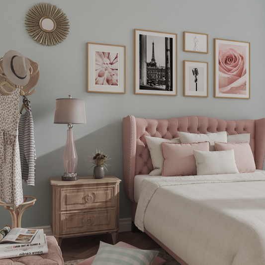 Modern Rustic Guest Pink Grey Teenage Girl Bedroom Above Bed Decor Black and White Art