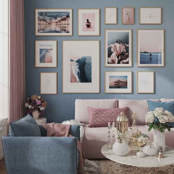 Pink Blue Aesthetic Modern Living Room Decor Peony Wall Art Nature Picture Gallery
