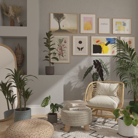 Boho Grey Living Room Decor Abstract Wall Art Nature Print Corner Decoration Ideas