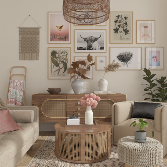 Boho Living Room Picture Ideas Beige Wall Art Decor Highland Cow Poster Cocktail Print