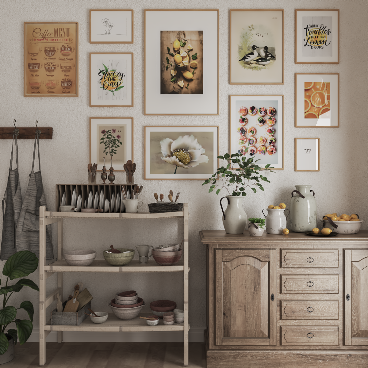 Beige Farmhouse Kitchen Gallery Wall Decor Lemon Picture Vintage Plant Print Line Art